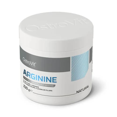 Image du complément alimentaire Arginine 210g de la marque OstroVit, conçu pour améliorer la vascularisation, la performance sportive et la récupération musculaire. Pot de L-Arginine 210g OstroVit – supplément sportif pour la congestion musculaire et la performance physique