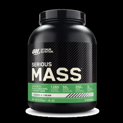 Image du produit Serious Mass 2,7 kg d'Optimum Nutrition, un gainer pour la prise de masse rapide, contenant 1250 calories et 50 g de protéines par portion pour soutenir vos efforts musculaires. Pot de Serious Mass 2,7 kg Optimum Nutrition – gainer hautement calorique pour la prise de masse, riche en protéines et glucides complexes