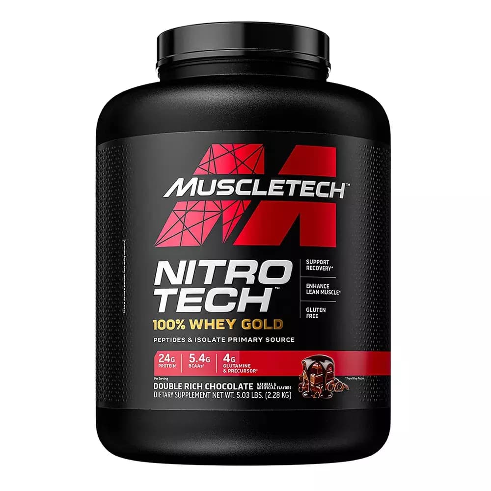 Nitro Tech Whey Gold 2,3 kg Double chocolat à prix pas cher. Avec une teneur élevée en protéines, BCAA et glutamine. Nitro Tech Whey Gold