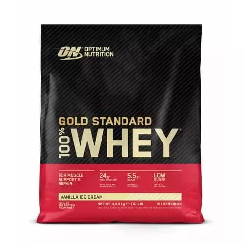 Image du produit 100% Whey Gold Standard 4.5kg d'Optimum Nutrition, une protéine de qualité supérieure pour maximiser la prise de muscle, améliorer la récupération et augmenter les performances athlétiques. Contient 24 g de protéines par portion. Pot de 100% Whey Gold Standard 4.5kg Optimum Nutrition – protéine de haute qualité pour la croissance musculaire et la récupération après l'entraînement