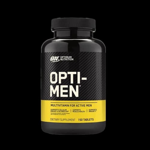 Image du produit Opti-Men 150 Tabs Optimum Nutrition, un multivitamine conçu pour soutenir l'énergie, la concentration, la récupération musculaire, et améliorer la performance physique avec plus de 75 ingrédients actifs. Pot de Opti-Men 150 Tabs Optimum Nutrition – Multivitamines, acides aminés, vitamines, minéraux pour une santé optimale et des performances améliorées chez les hommes.