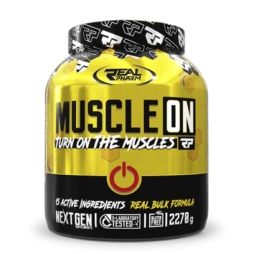 Muscle On 2.27kg Real Pharm : mélange de protéines (whey + caséine) et glucides pour soutenir prise de masse et récupération, avec BCAA + glutamine + MCT. Muscle On 2.27kg Real Pharm protéines + glucides + vitamines pour prise de masse, avec BCAA, glutamine et MCT, disponible sur Protein.tn.