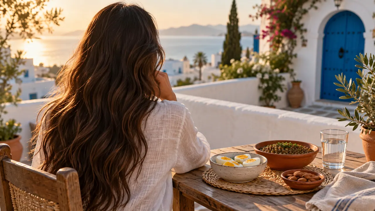 Longue chevelure brune vue de dos près d’une table garnie d’œufs, de lentilles et d’amandes sur une terrasse