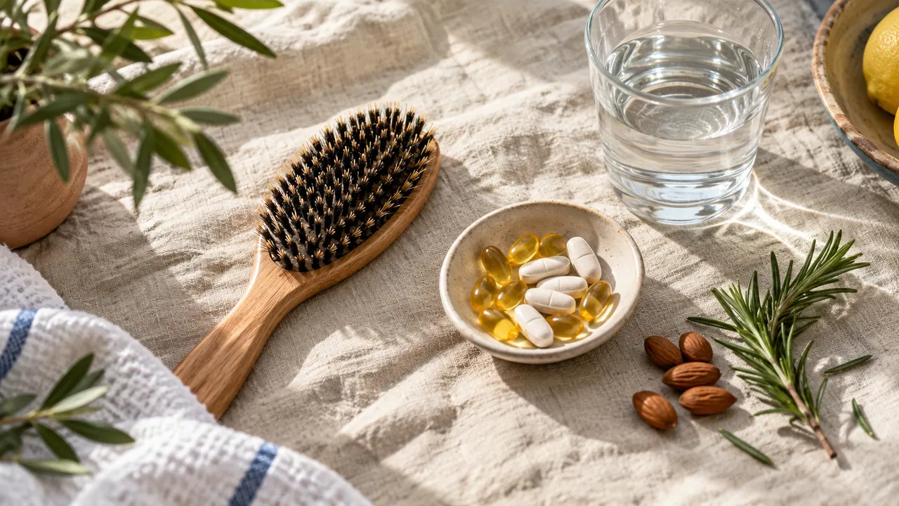 Gélules et comprimés dans une coupelle, brosse à cheveux en bois et verre d’eau sur un linge naturel