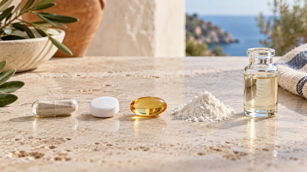 Gélule, comprimé, capsule molle, poudre et flacon liquide alignés sur une pierre claire Gélule, comprimé, capsule molle, poudre et flacon liquide alignés sur une pierre claire