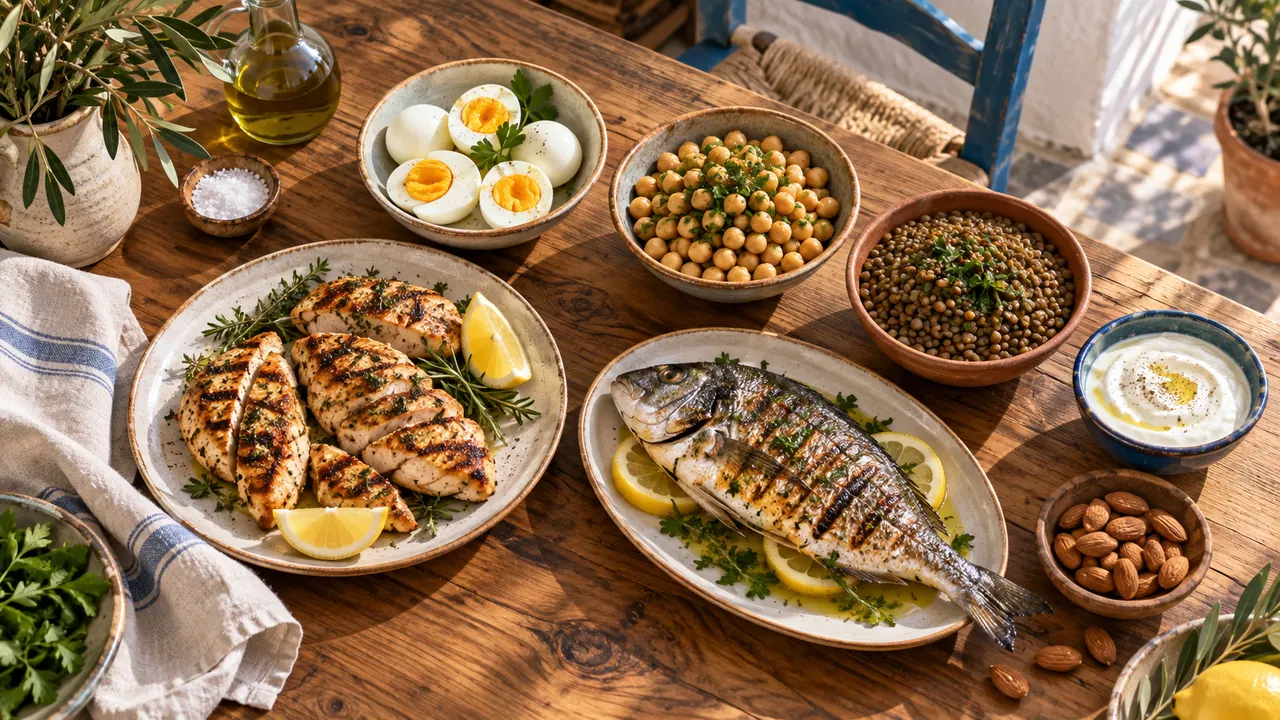 Aliments riches en protéines sur une table en bois d’olivier : poulet, poisson, œufs, pois chiches, lentilles, yaourt Aliments riches en protéines sur une table en bois d’olivier : poulet, poisson, œufs, pois chiches, lentilles, yaourt