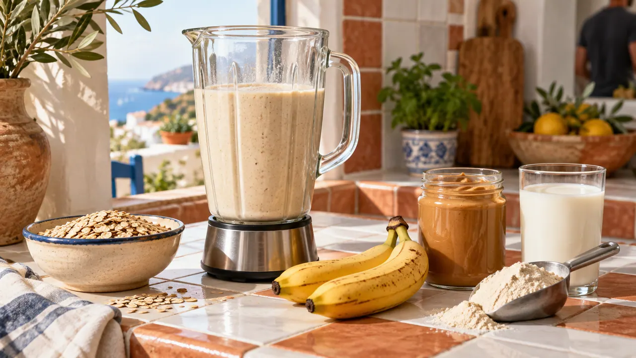 Shake épais dans un blender entouré de flocons d’avoine, bananes et beurre de cacahuète sur un plan carrelé