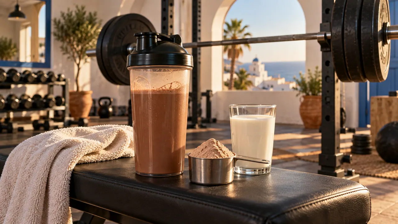 Shake chocolaté dans un grand shaker, dose de poudre et verre de lait posés sur un banc de musculation