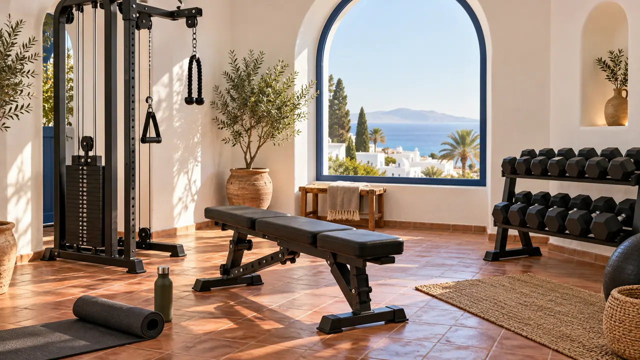 Home gym lumineux avec station à poulie, banc plat et haltères dans une pièce aux murs blancs et fenêtre en arc Home gym lumineux avec station à poulie, banc plat et haltères dans une pièce aux murs blancs et fenêtre en arc
