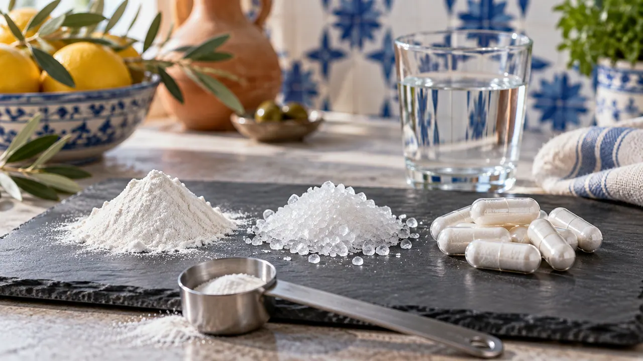 Trois formes de créatine comparées : poudre micronisée, poudre cristalline et gélules sur une planche d'ardoise