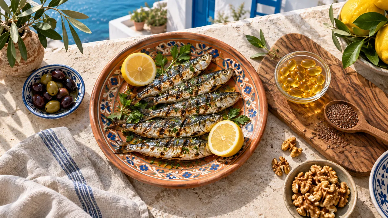 Sardines grillées, noix, graines de lin et gélules d'huile de poisson sur une table méditerranéenne Sardines grillées, noix, graines de lin et gélules d'huile de poisson sur une table méditerranéenne