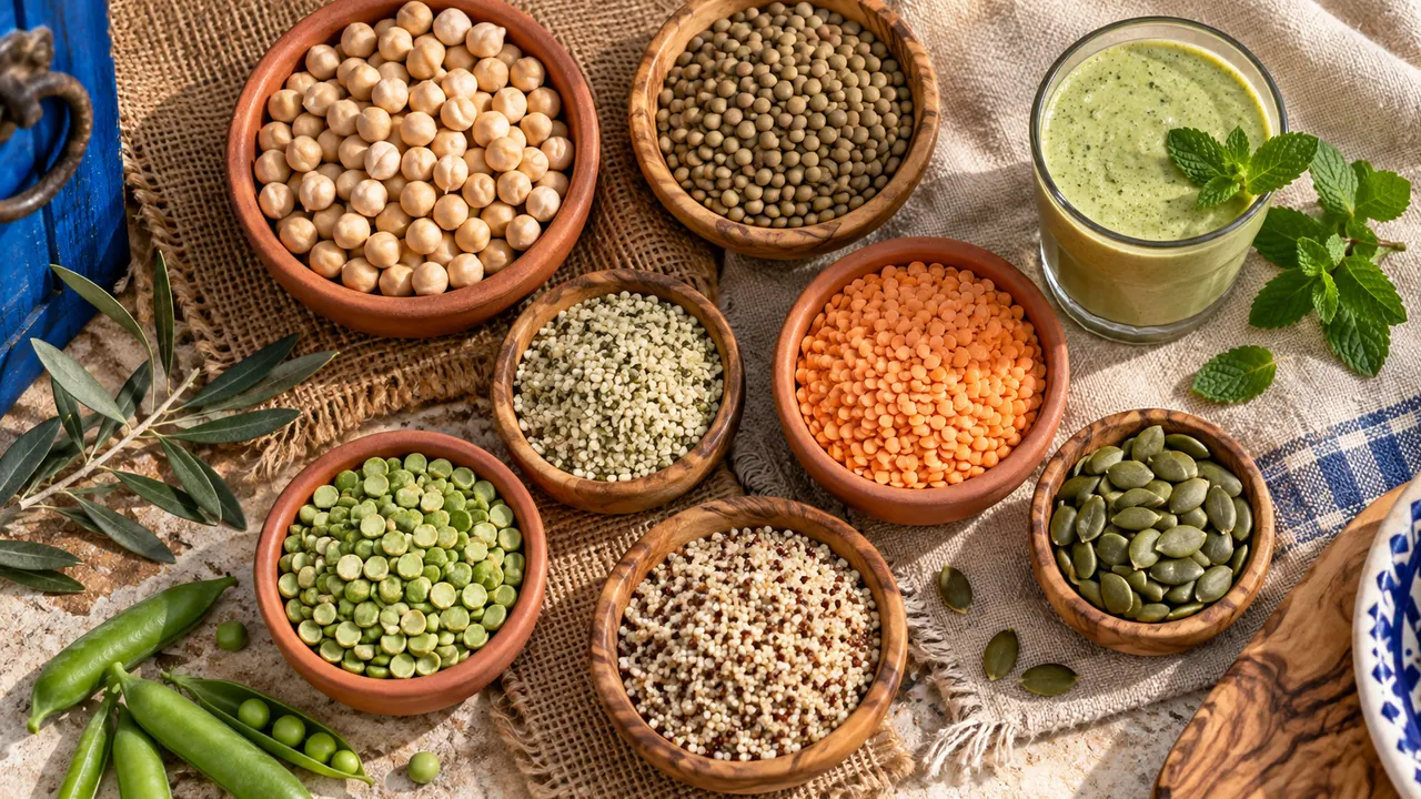 Bols de pois chiches, lentilles, pois cassés, graines de chanvre et de courge, avec un smoothie végétal