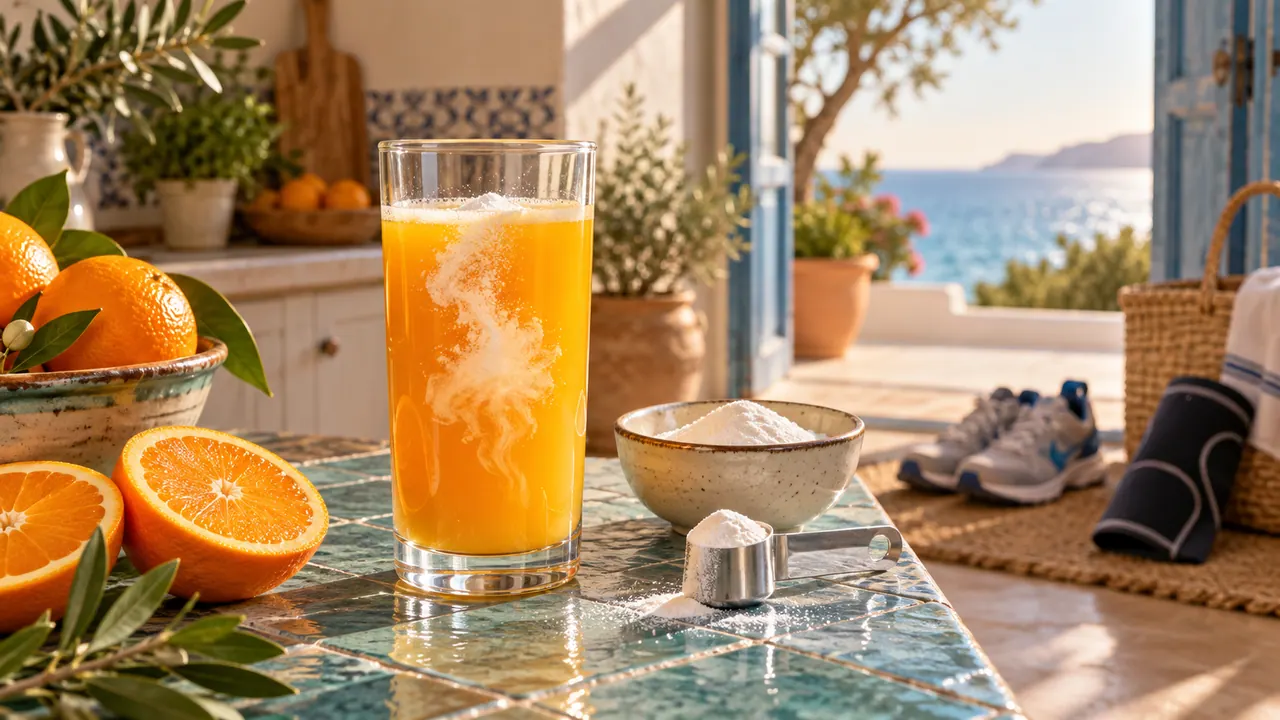 Poudre de collagène qui se dissout dans un jus d'orange, chaussures de course et genouillère en arrière-plan