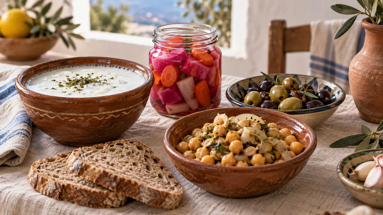 Lben, légumes fermentés, olives, pois chiches et pain d'orge sur une nappe en lin Lben, légumes fermentés, olives, pois chiches et pain d'orge sur une nappe en lin