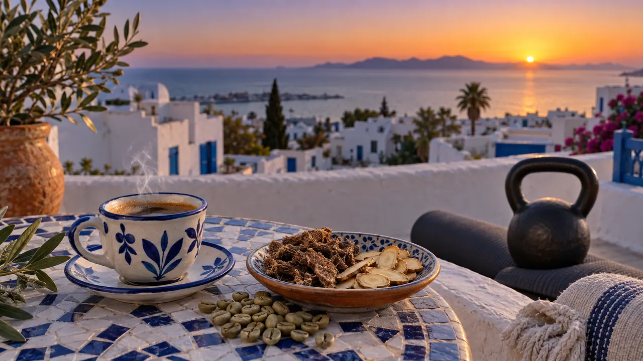 Tasse d'espresso, racines de rhodiola et de ginseng sur un toit tunisien à l'aube, kettlebell en arrière-plan