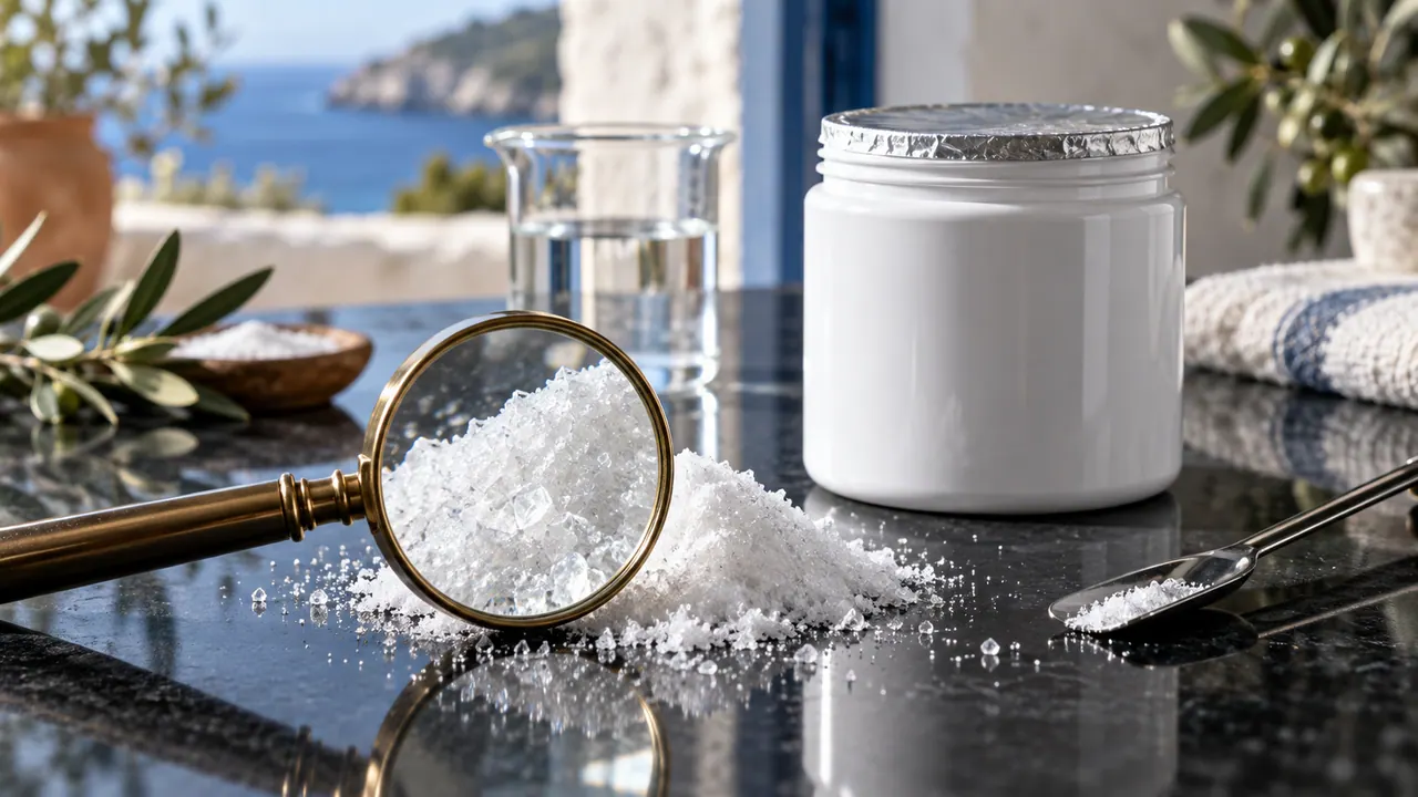 Poudre de créatine blanche observée à la loupe près d'un pot scellé sans étiquette et d'un bécher
