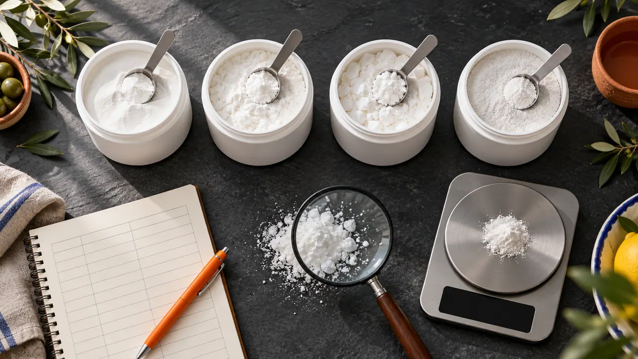 Quatre pots de créatine sans étiquette ouverts côte à côte, une loupe et une balance pour comparer la poudre