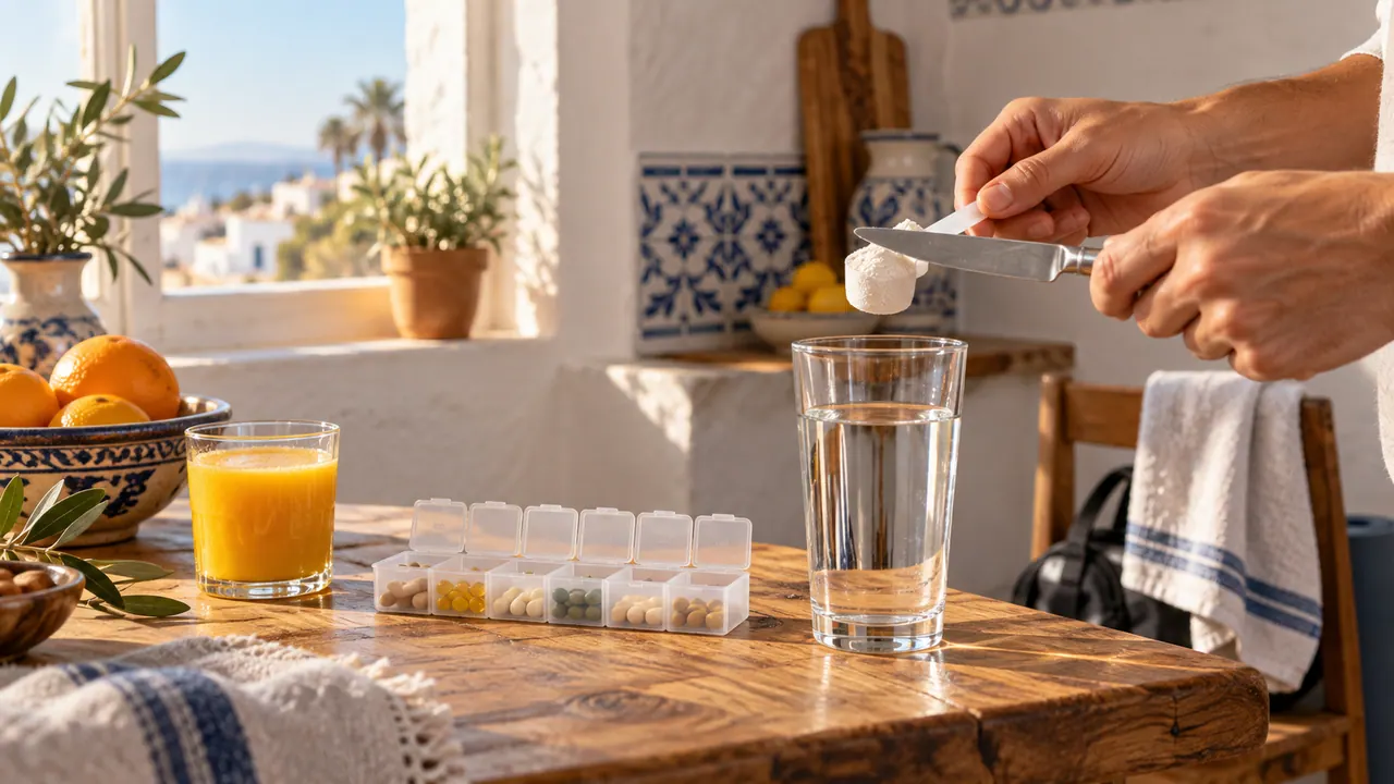 Main arasant une dose de créatine au-dessus d'un verre d'eau dans une cuisine tunisienne lumineuse