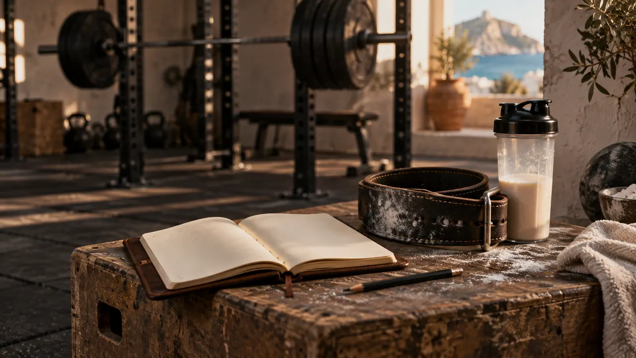 Carnet d'entraînement vierge, crayon et shaker devant une barre chargée dans une salle de musculation