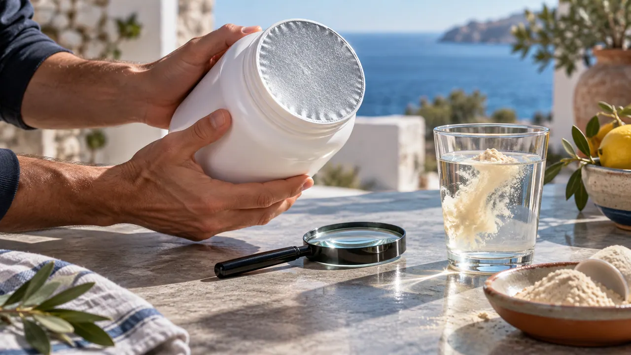 Mains inspectant l'opercule scellé d'un pot de whey, avec une loupe et un verre d'eau où la poudre se dissout