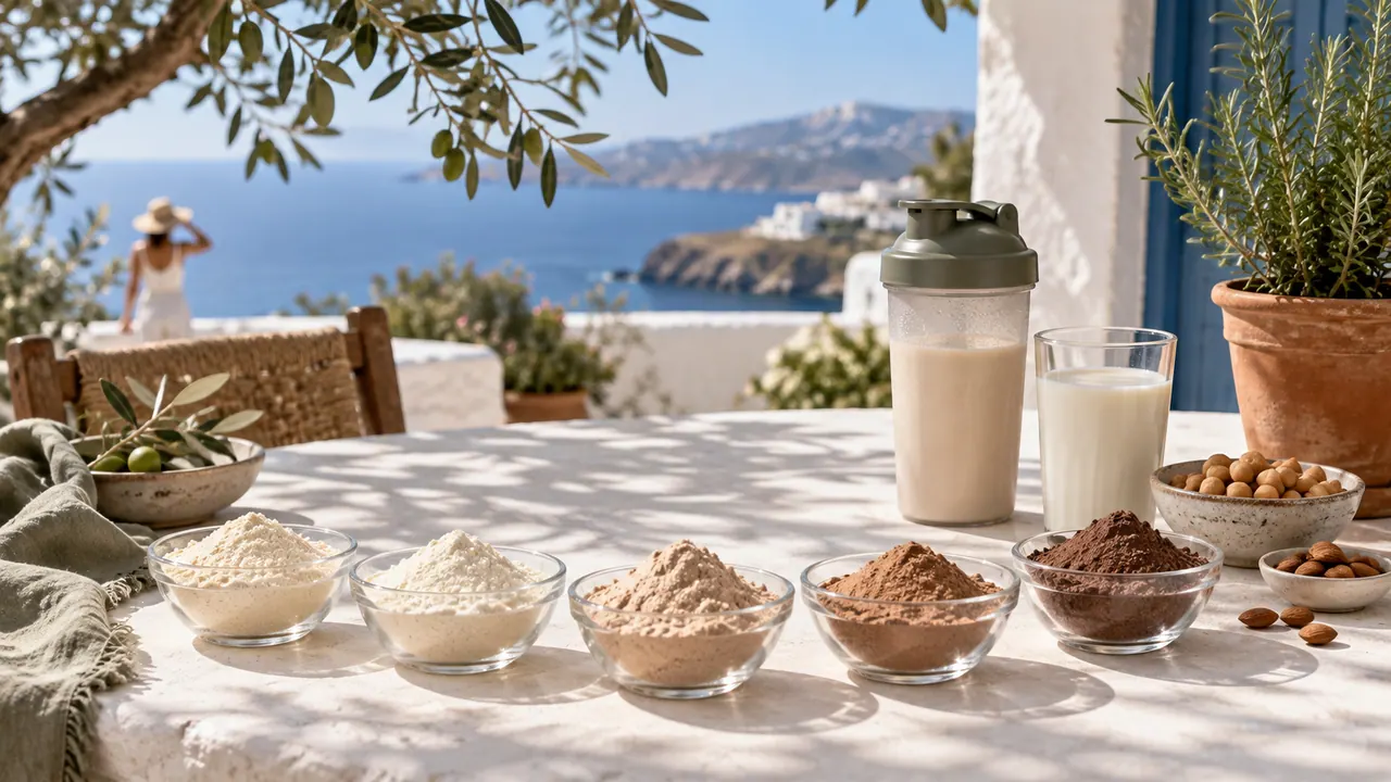 Bols de whey, caséine, protéine végétale et gainer sur une table méditerranéenne, avec un shaker Bols de whey, caséine, protéine végétale et gainer sur une table méditerranéenne, avec un shaker