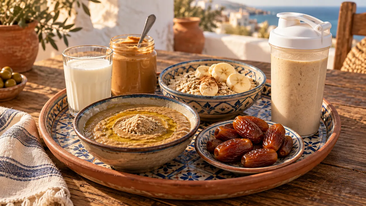 Petit-déjeuner tunisien riche en calories : bsissa, dattes, lait, avoine, banane et shake maison