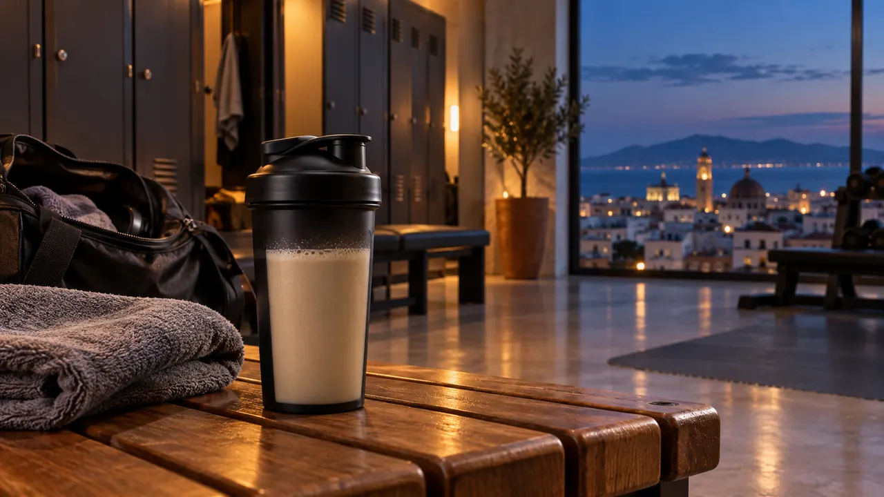 Shaker de whey vanille posé sur un banc de vestiaire avec serviette et sac de sport, lumière chaude du soir