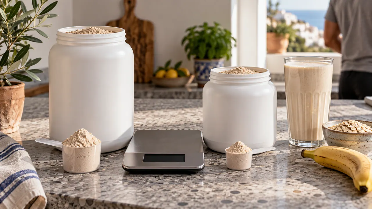 Deux pots de mass gainer et deux portions pesées sur une balance pour comparer calories et coût