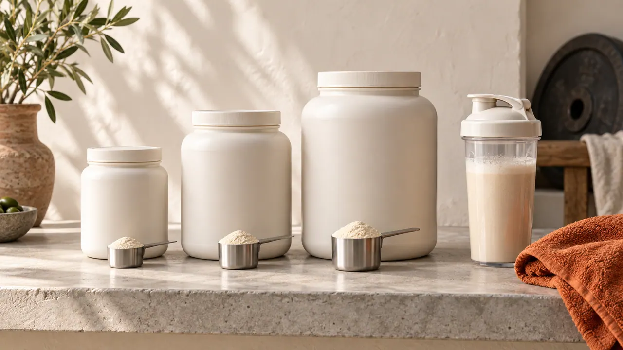 Trois pots de whey de tailles différentes, avec une dose de poudre devant chacun et un shaker