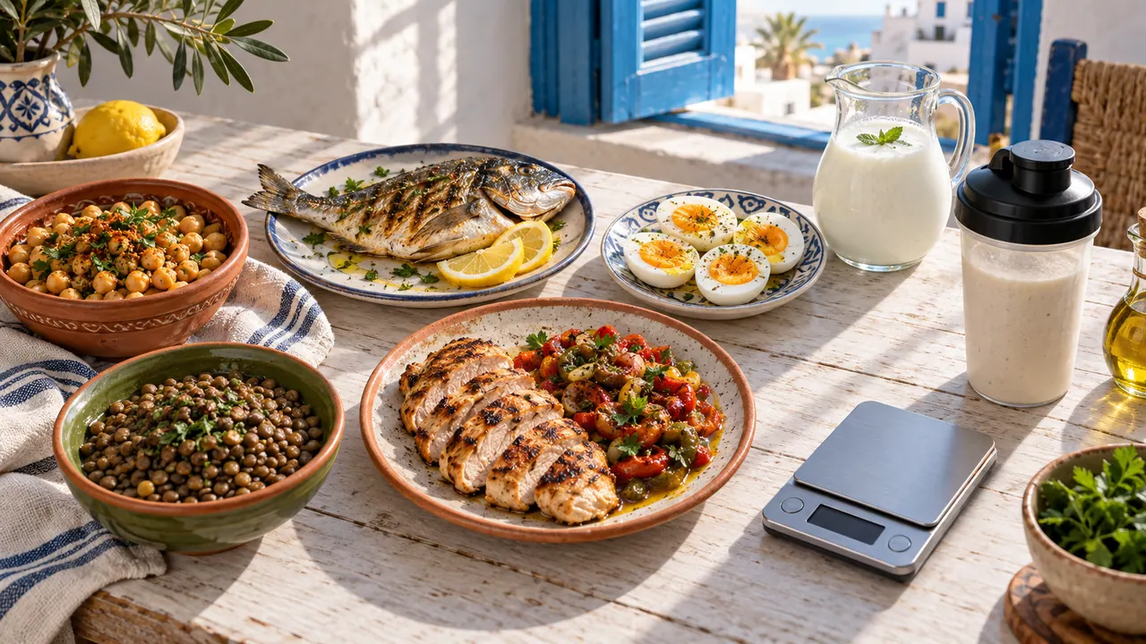 Repas riches en protéines sur une table tunisienne : pois chiches, poisson grillé, œufs, lben, lentilles et shaker