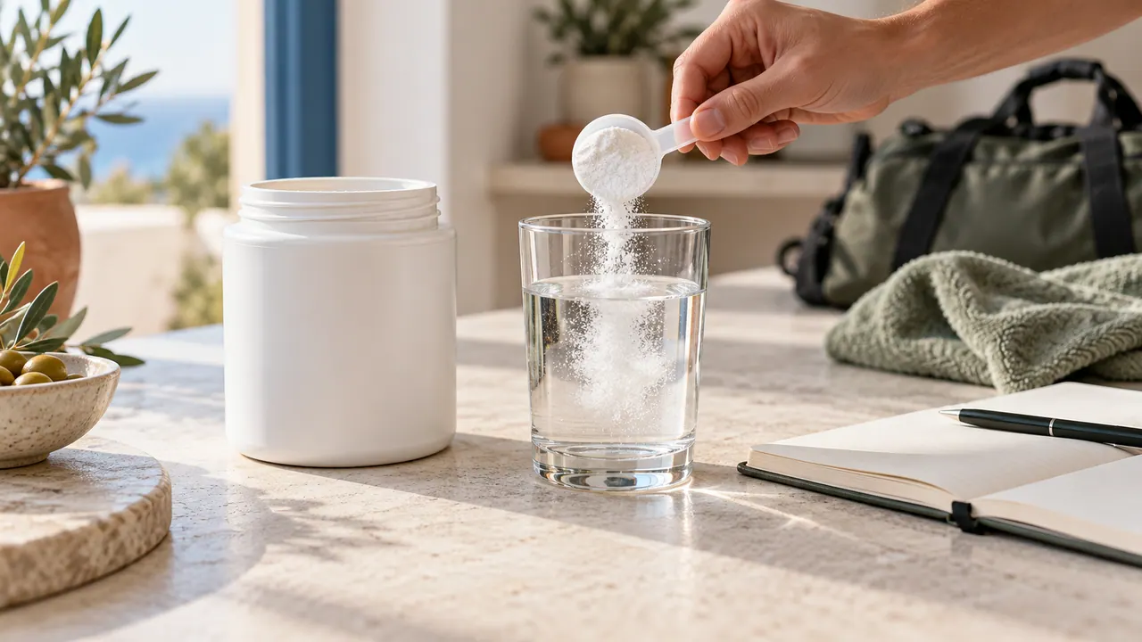 Dose de créatine en poudre versée dans un verre d'eau, à côté d'un carnet d'entraînement