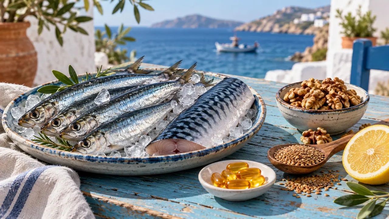 Sardines, maquereau, noix, graines de lin et capsules d'oméga-3 sur une table en bois bleue