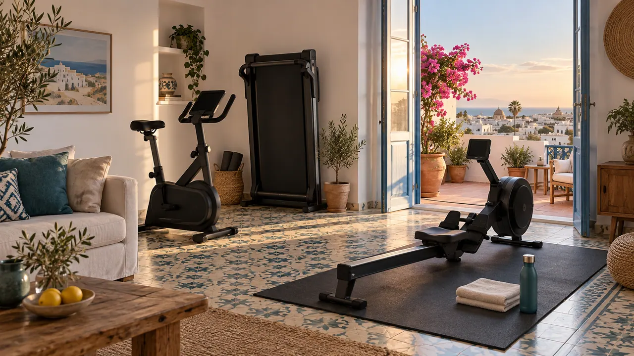 Vélo d'appartement, tapis de course plié et rameur dans un salon lumineux avec balcon