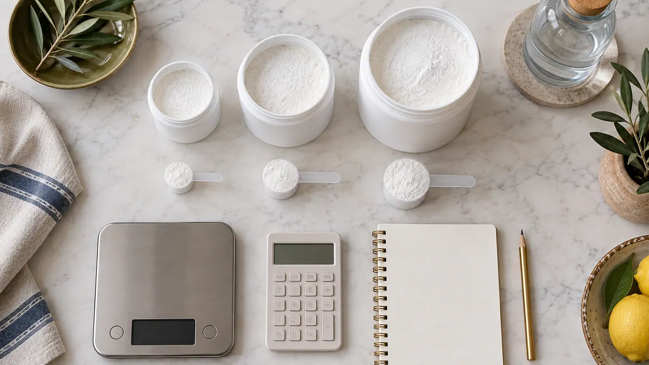 Trois pots de créatine de tailles différentes, chacun avec sa dose de poudre, et une balance de cuisine