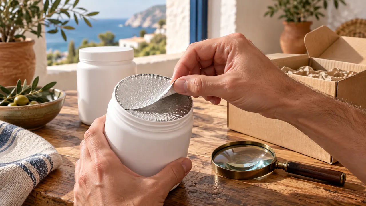 Mains vérifiant l'opercule de sécurité intact d'un pot de complément avant de l'ouvrir