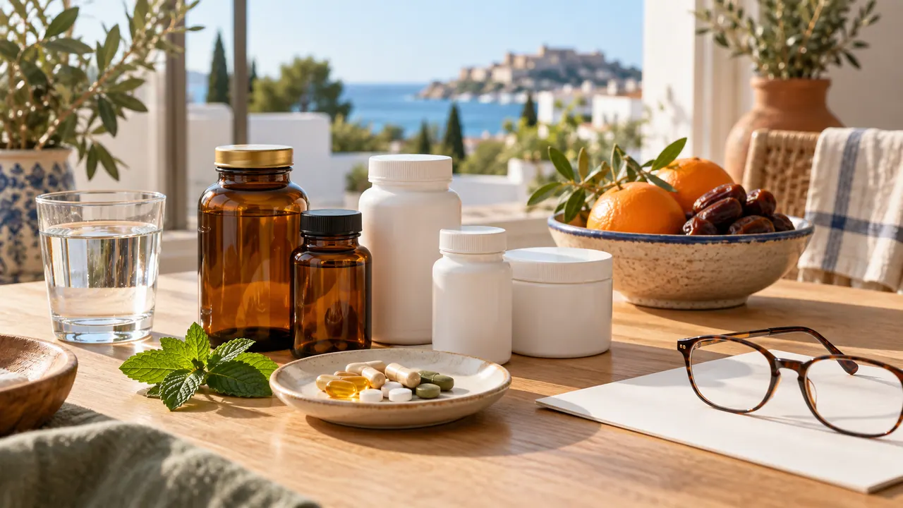 Flacons de compléments alimentaires, gélules, verre d'eau et fruits sur une table près d'une fenêtre