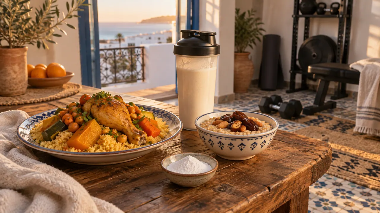 Repas de prise de masse : couscous au poulet, flocons d'avoine aux dattes et shaker de protéine