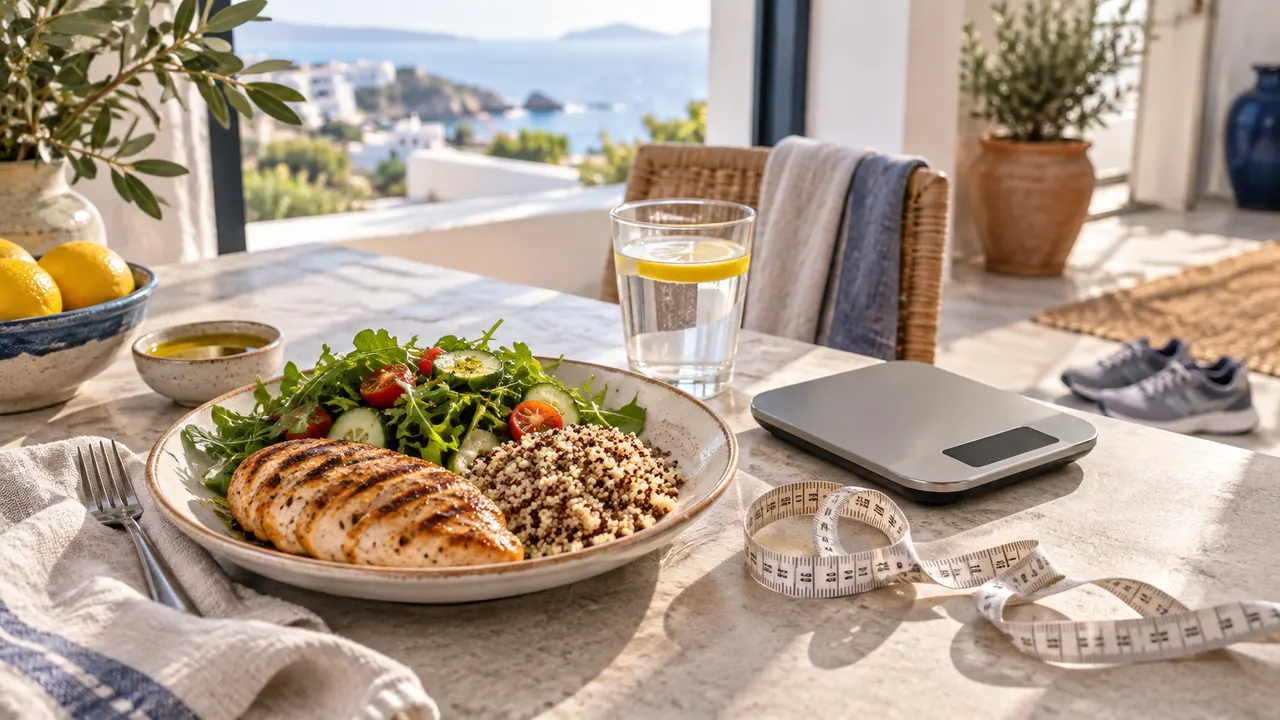 Portion de poulet, salade et quinoa à côté d'une balance de cuisine et d'un mètre ruban