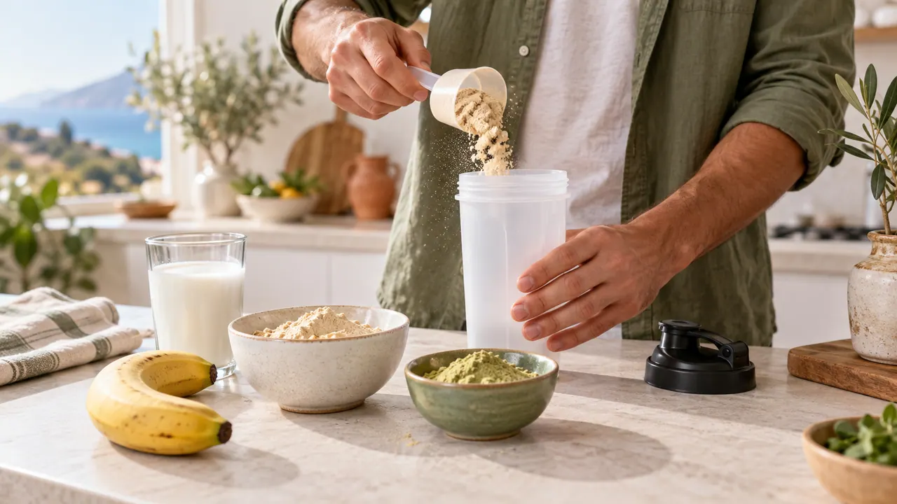Préparation d'un premier shaker de protéine en poudre, avec un bol de whey et un bol de protéine de pois