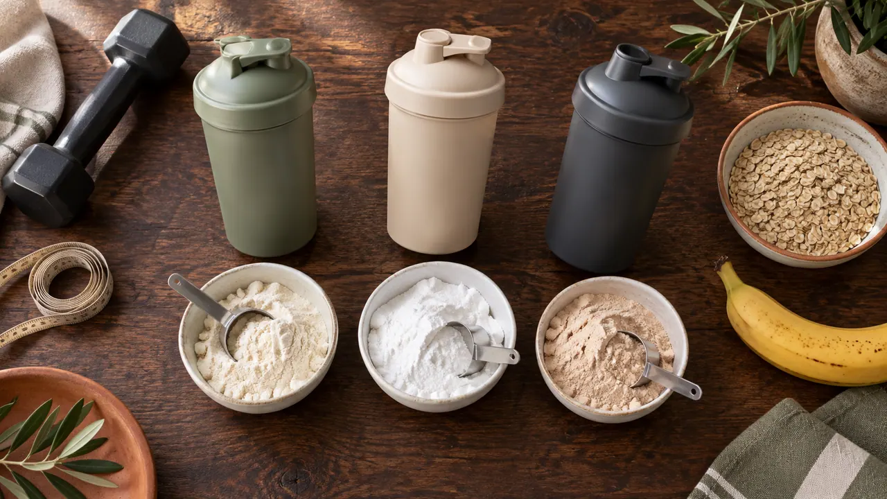 Trois shakers sans marque et trois bols de whey différents avec haltère, mètre ruban et avoine sur une table en chêne Trois shakers sans marque et trois bols de whey différents avec haltère, mètre ruban et avoine sur une table en chêne