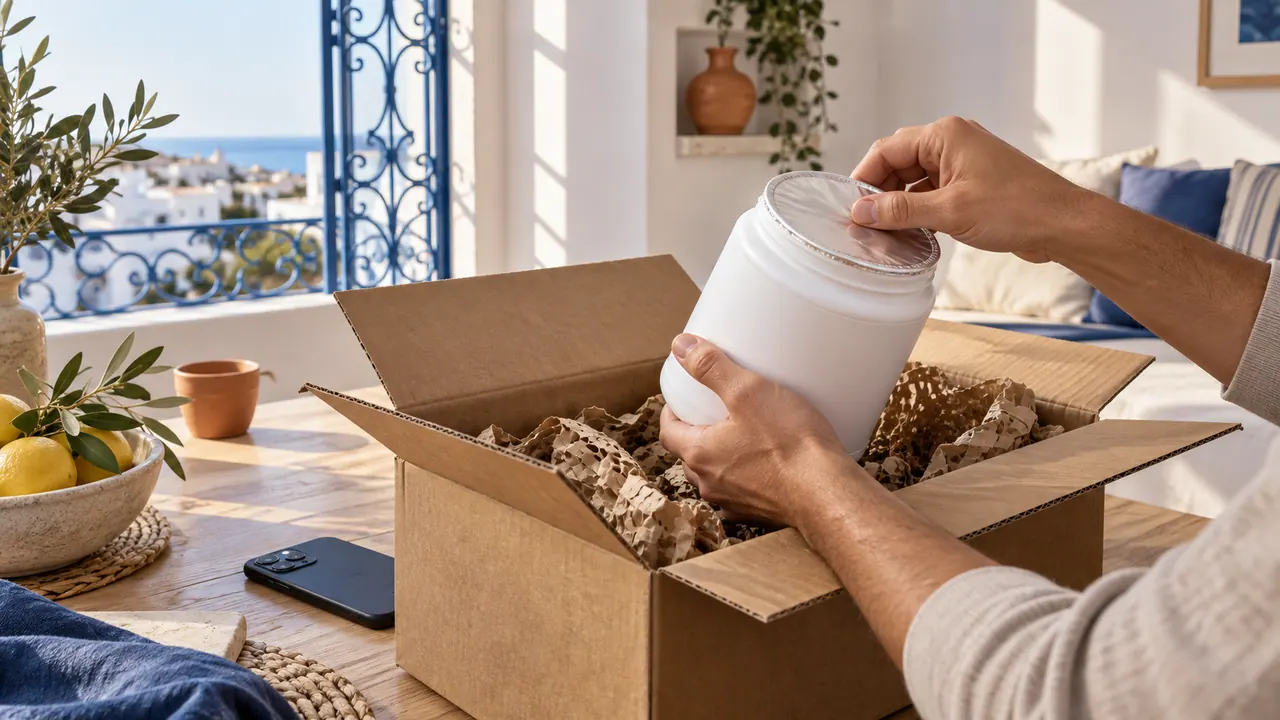 Mains vérifiant l'opercule intact d'un pot de complément tout juste sorti d'un colis de livraison