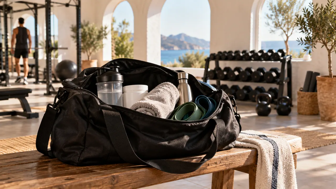 Sac de sport ouvert sur un banc, avec shaker, pot sans étiquette et serviette, dans une salle lumineuse