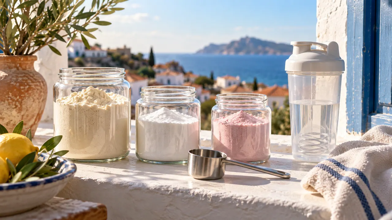 Trois bocaux de poudres (protéine, créatine, acides aminés) et un shaker sur un rebord de fenêtre ensoleillé