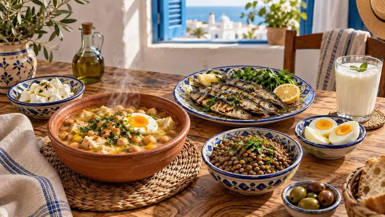 Table tunisienne avec lablabi, sardines grillées, rigouta, lentilles, œufs et verre de lben