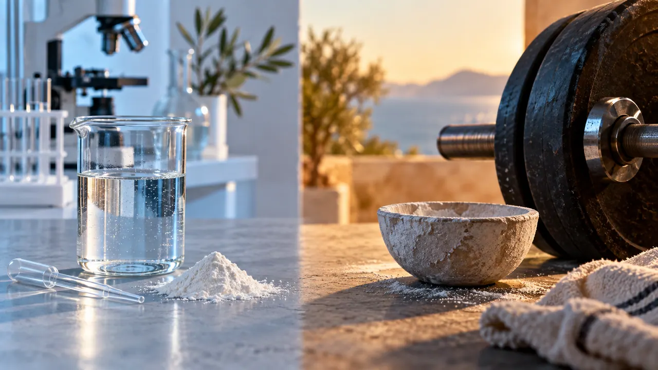 Bécher d'eau et poudre de créatine sur une paillasse de laboratoire, barre de musculation floue en arrière-plan