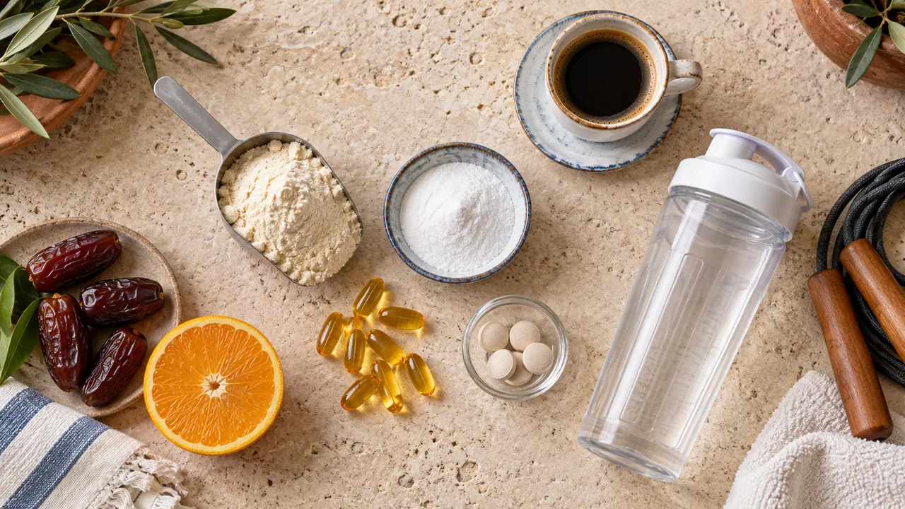 Vue du dessus de compléments pour sportifs : protéine en poudre, créatine, gélules d’oméga-3, café et fruits