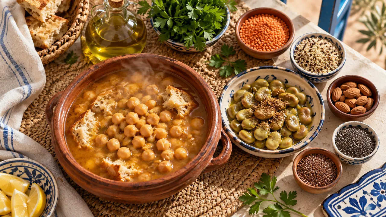 حمص وفول وعدس وكينوا ومكسرات وبذور على مائدة تونسية كمصادر للبروتين النباتي