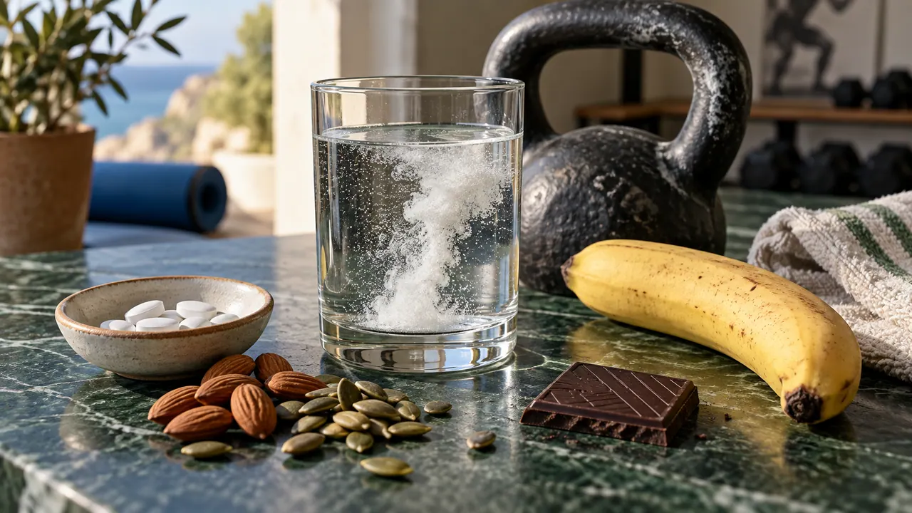 Verre d'eau avec créatine en poudre, comprimés de magnésium, amandes et graines de courge sur un plan de travail