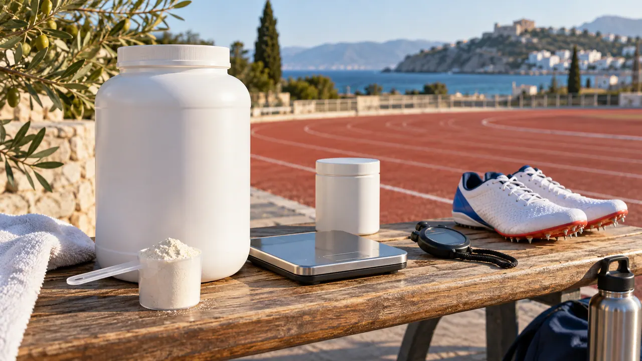 Pot de créatine en poudre, balance de précision et chronomètre sur un banc au bord d'une piste d'athlétisme
