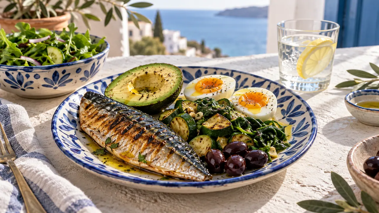 Assiette keto méditerranéenne : maquereau grillé, avocat, œufs, courgettes et olives sur une céramique de Nabeul Assiette keto méditerranéenne : maquereau grillé, avocat, œufs, courgettes et olives sur une céramique de Nabeul